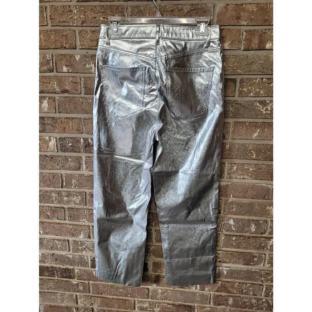 NWT Express High Waisted Silver Feaux Leather Straight Leg Pants, Women's 8
